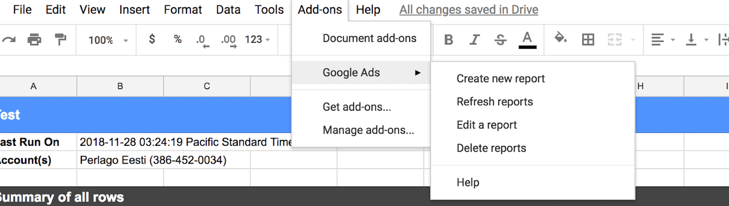 Spreadsheets Ads reporting add-on