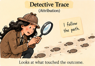 Detective Trace squinting through a magnifying glass at elephant footprints