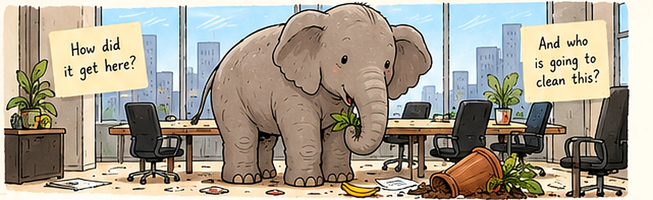 A baby elephant in an office conference room investigating the potted plants