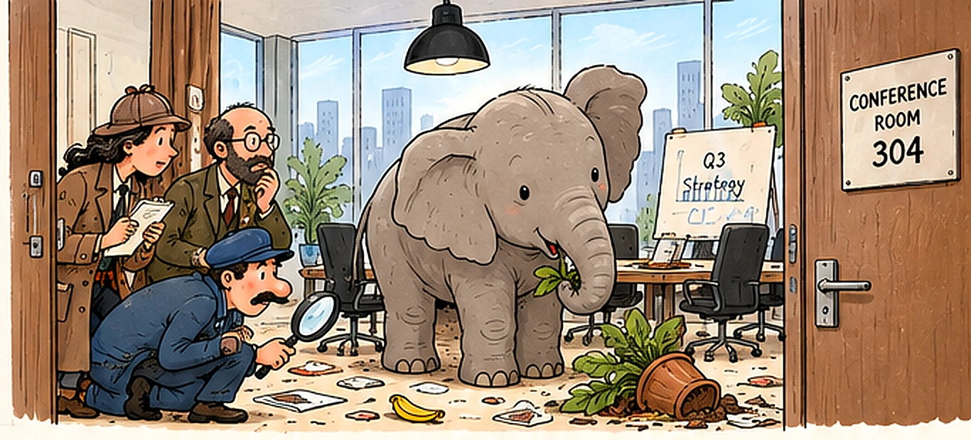 Hand-drawn scene of three detectives examining footprints beside an elephant in an office
