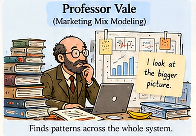Professor Vale surrounded by charts and building records