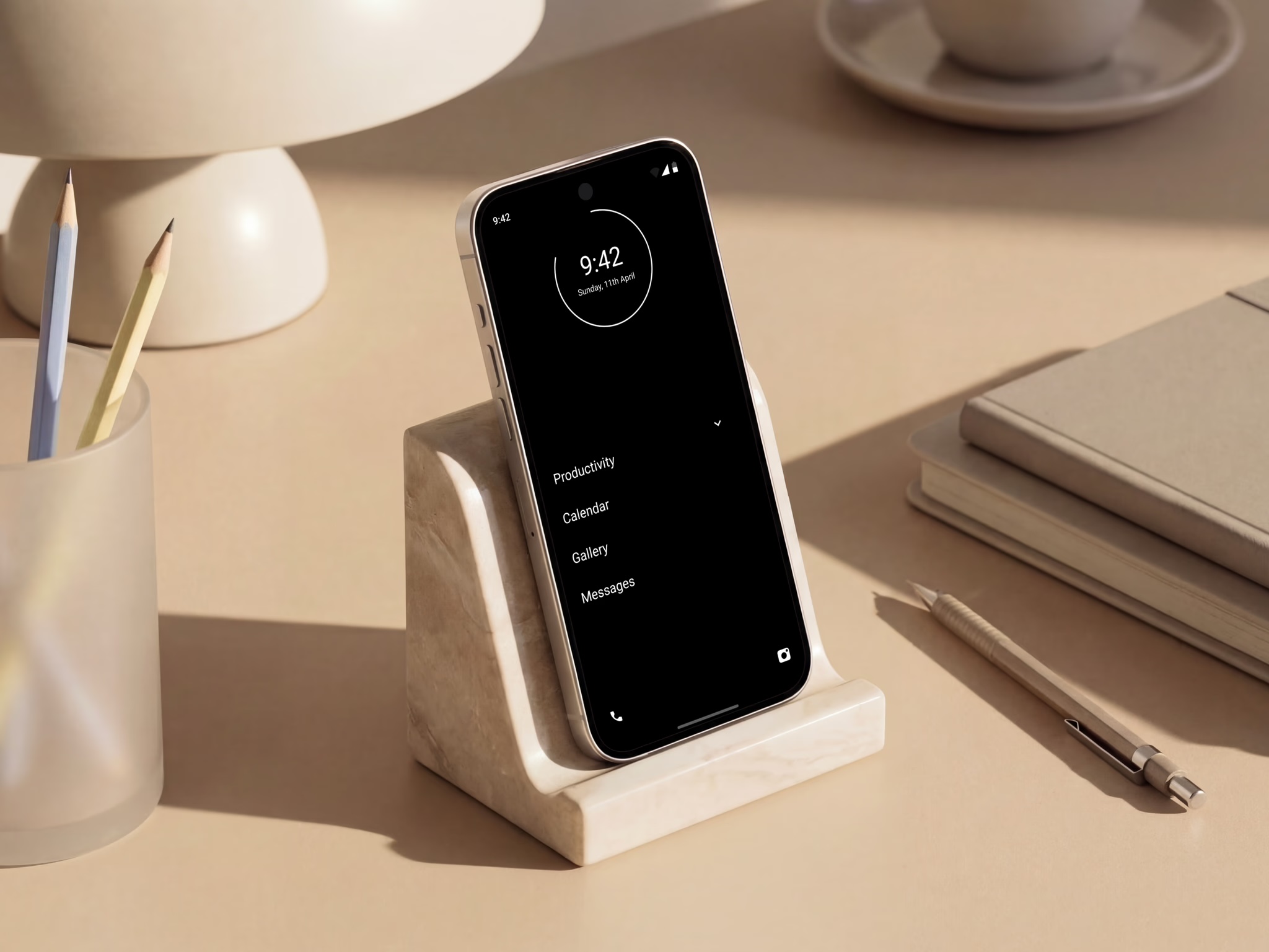 Minimalist Phone launcher on a phone in a stand on a desk