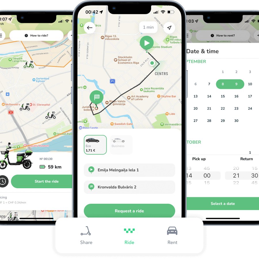 Atom Mobility rakenduse vaated